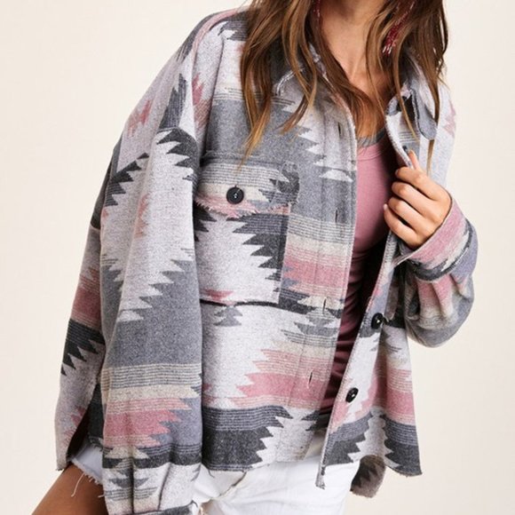 RFB Exclusive Jackets & Blazers - Lavish Brand Pink Aztec Button Down Cozy Long Sleeve High Low Shacket Jacket